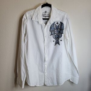Helix White Shirt with Blue & Black Design Long Sleeve Button Up Men's XL.